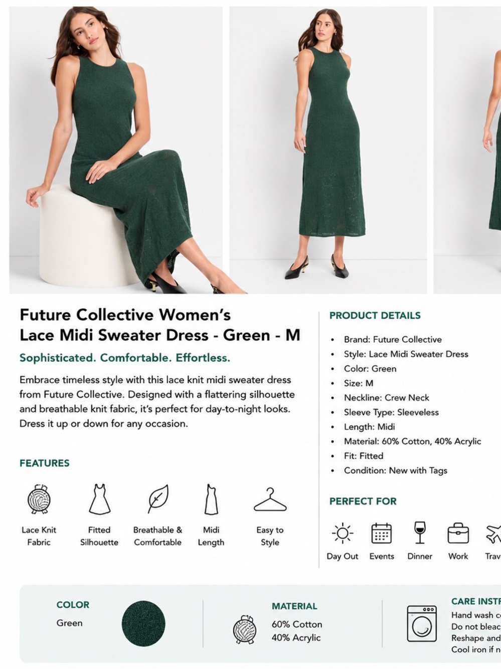 Future Collective Green Lace Midi Sweater Dress